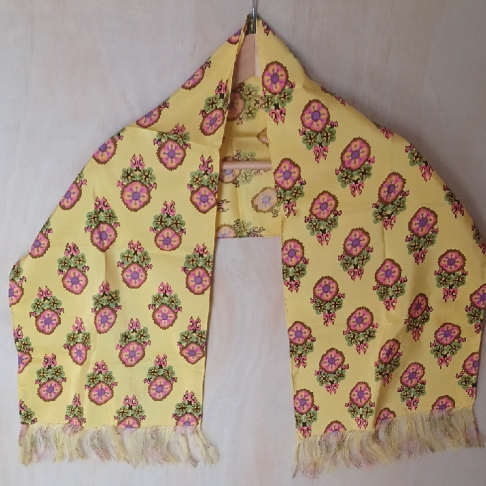 100% Pure Silk Yellow Scarf With Abstract Floral Pattern